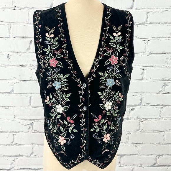 chrysantheme Jackets & Blazers - Vtg Chrysantheme Embroidered Velvet Vest Small Black Floral Boho 90s Grandmacore
